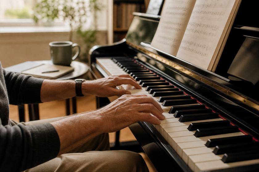 Adult beginner practicing piano in a calm home setting