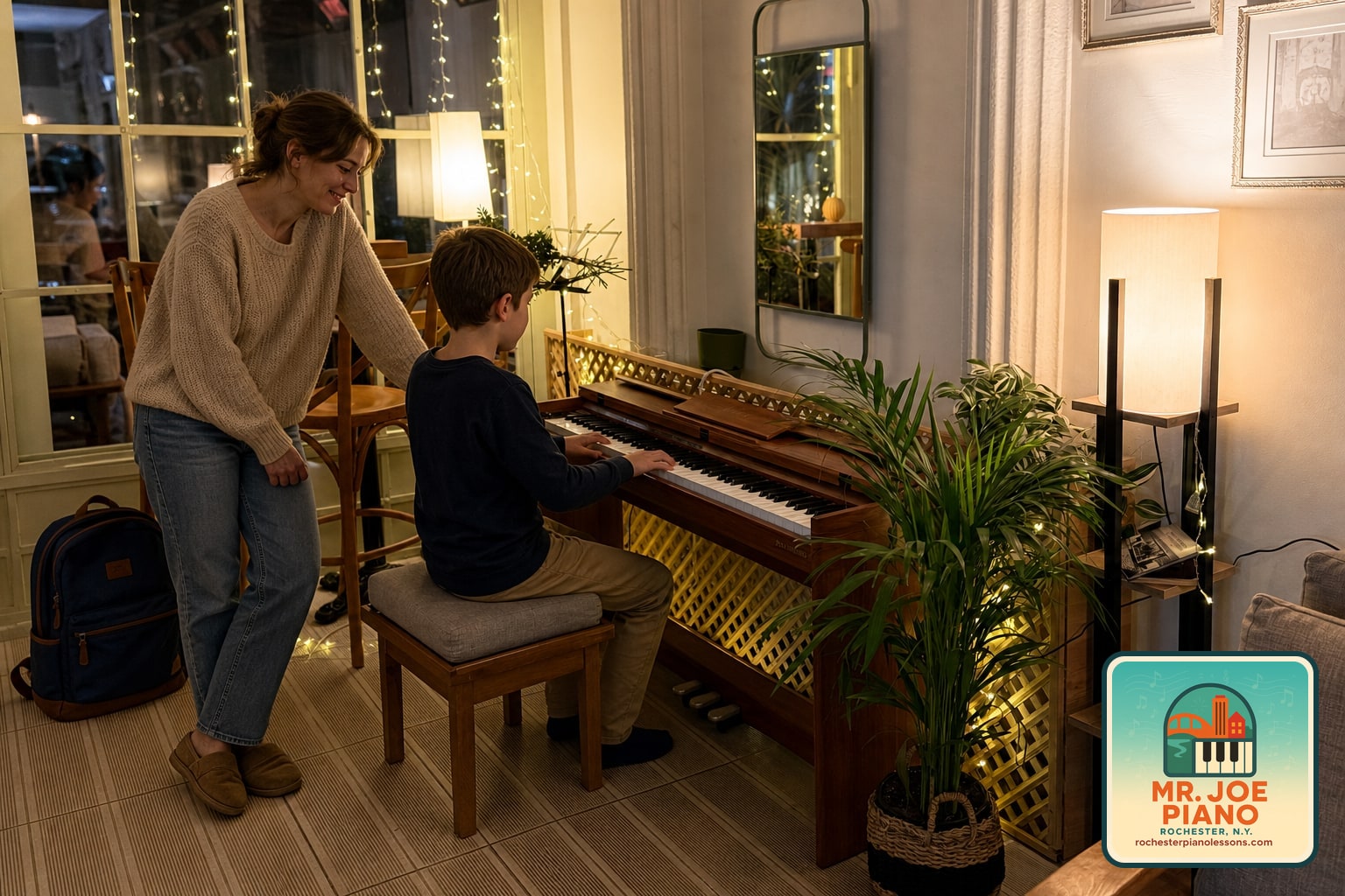 A Rochester-area student practicing piano at home as the family gets ready for the school routine