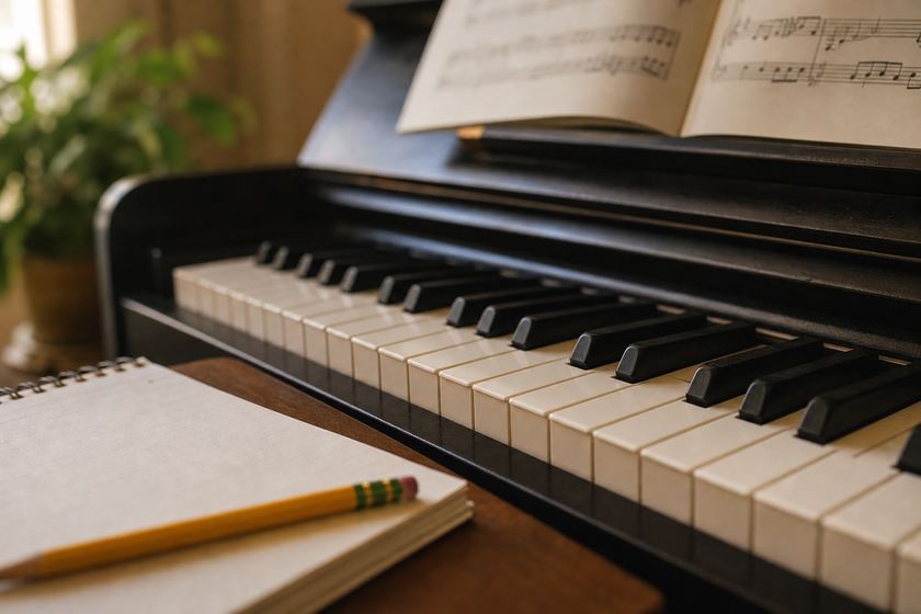 Beginner piano lesson materials with a real piano keyboard, notebook, and pencil