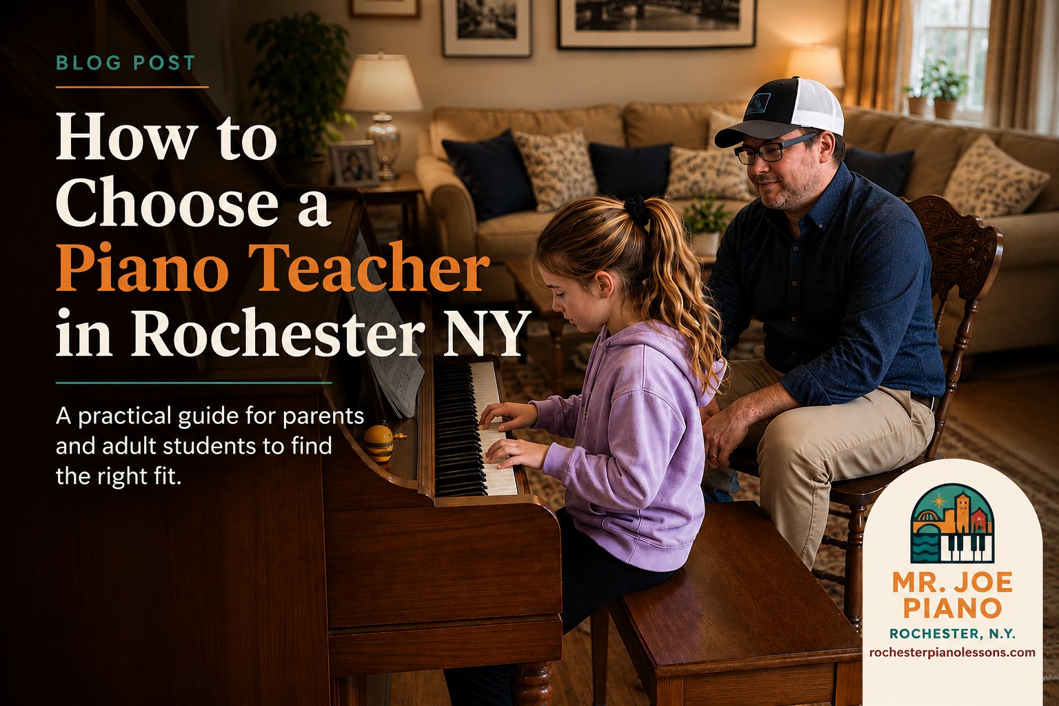 A young piano student taking an in-home piano lesson with Mr. Joe Piano in a cozy living room.
