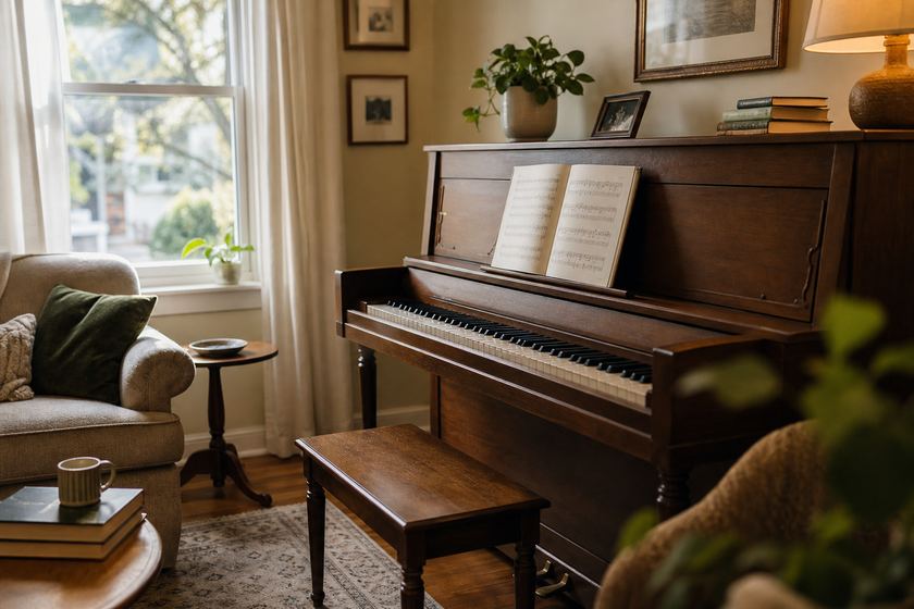 Warm home piano lesson setting in Rochester, NY with piano by a window