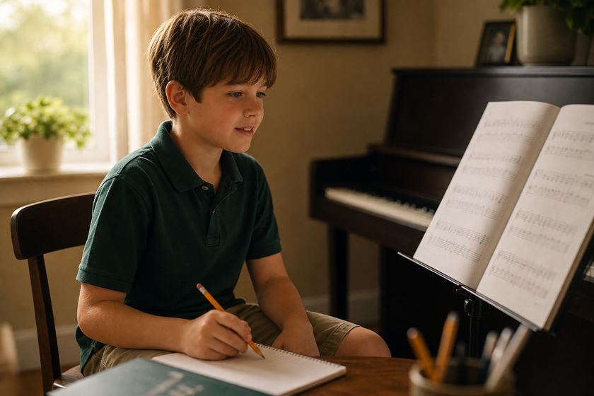 Child practicing piano in a warm home lesson setting