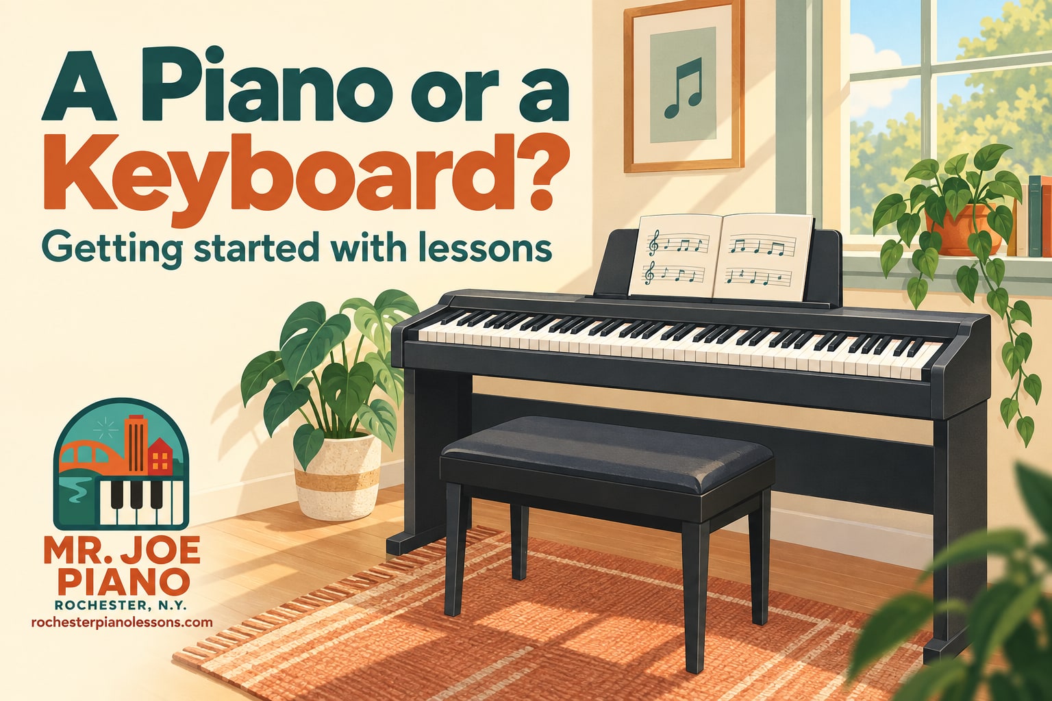 Illustration of a digital piano with a bench and music rest beside a window, titled A Piano or a Keyboard?