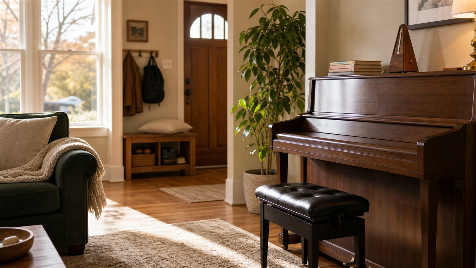 Warm Rochester home prepared for piano lessons with an upright piano, bench, music books, and natural window light
