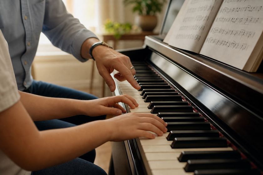 One-on-one piano lesson detail with teacher and student hands at the keyboard