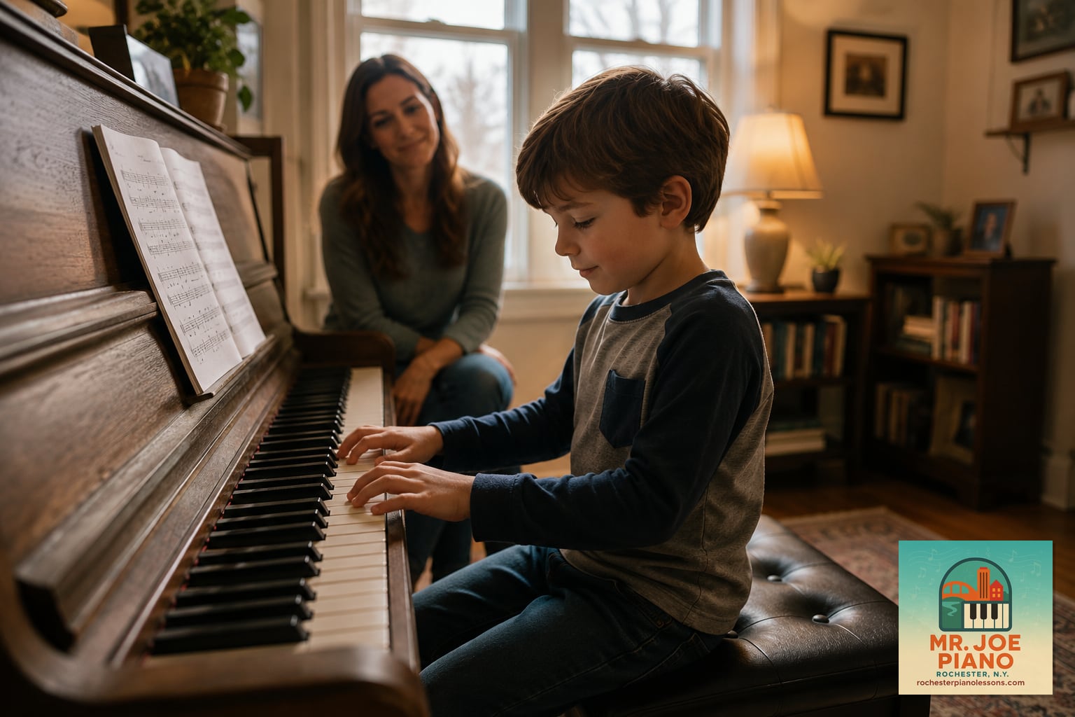 Young child taking an in-home piano lesson while a parent watches nearby